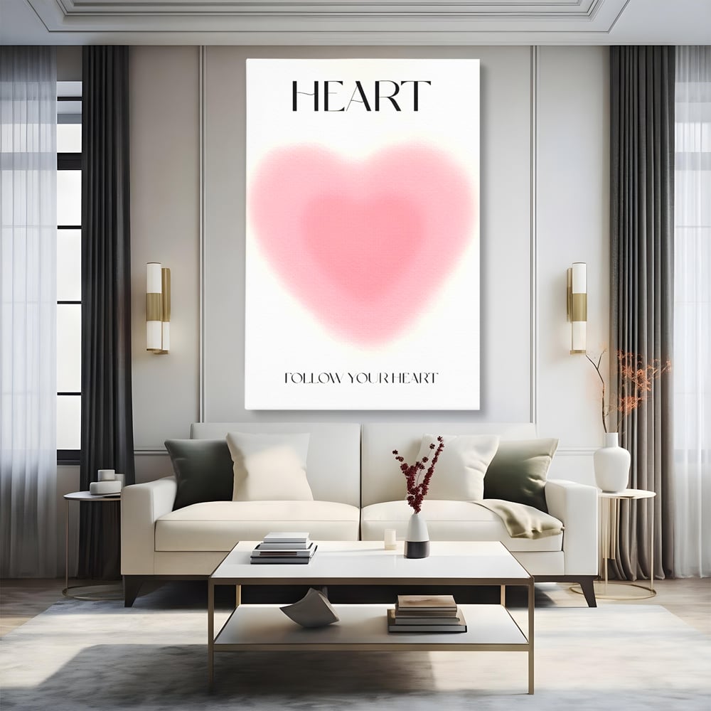 Tablou canvas cu tablou vertical cu inima roz blurata, fara rama, pe sasiu de lemn, pe perete intr-un living
